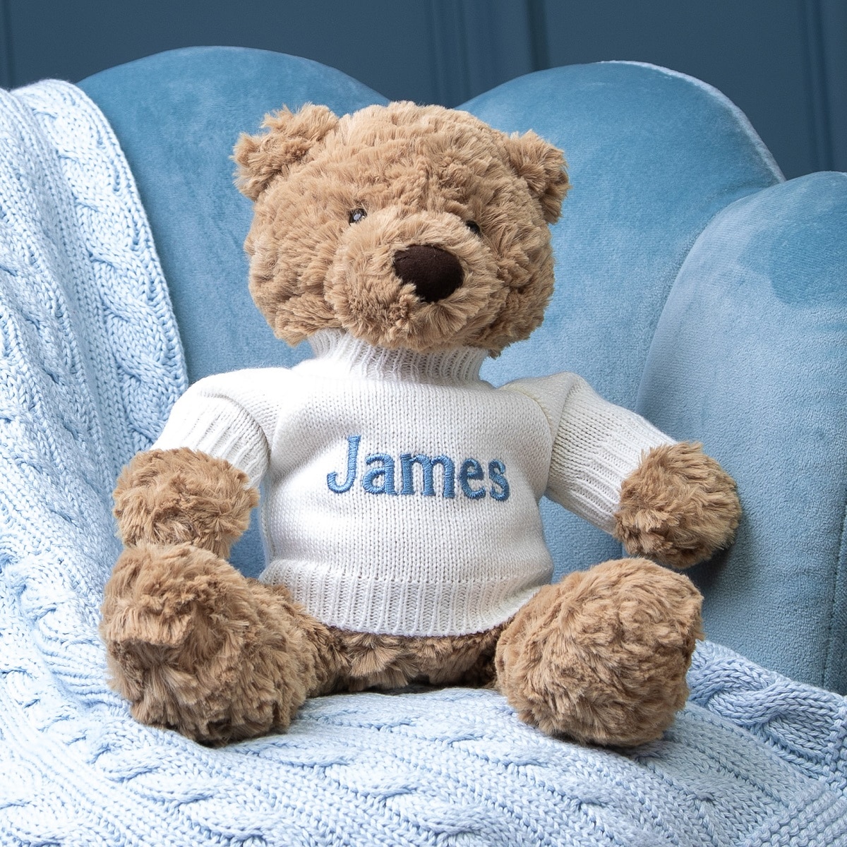 Personalised Toffee Moon luxury cable baby blanket and Jellycat bumbly bear gift set
