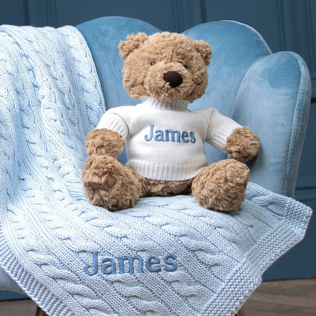 Personalised Toffee Moon luxury cable baby blanket and Jellycat bumbly bear gift set Baby Gift Sets 2