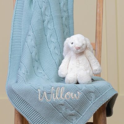 Toffee Moon personalised aqua chunky cable baby blanket