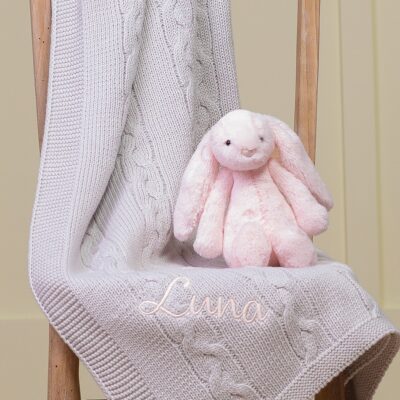 Toffee Moon personalised grey chunky cable baby blanket