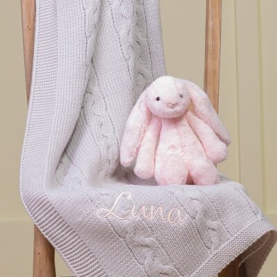 Toffee Moon personalised grey chunky cable baby blanket Birthday Gifts 3