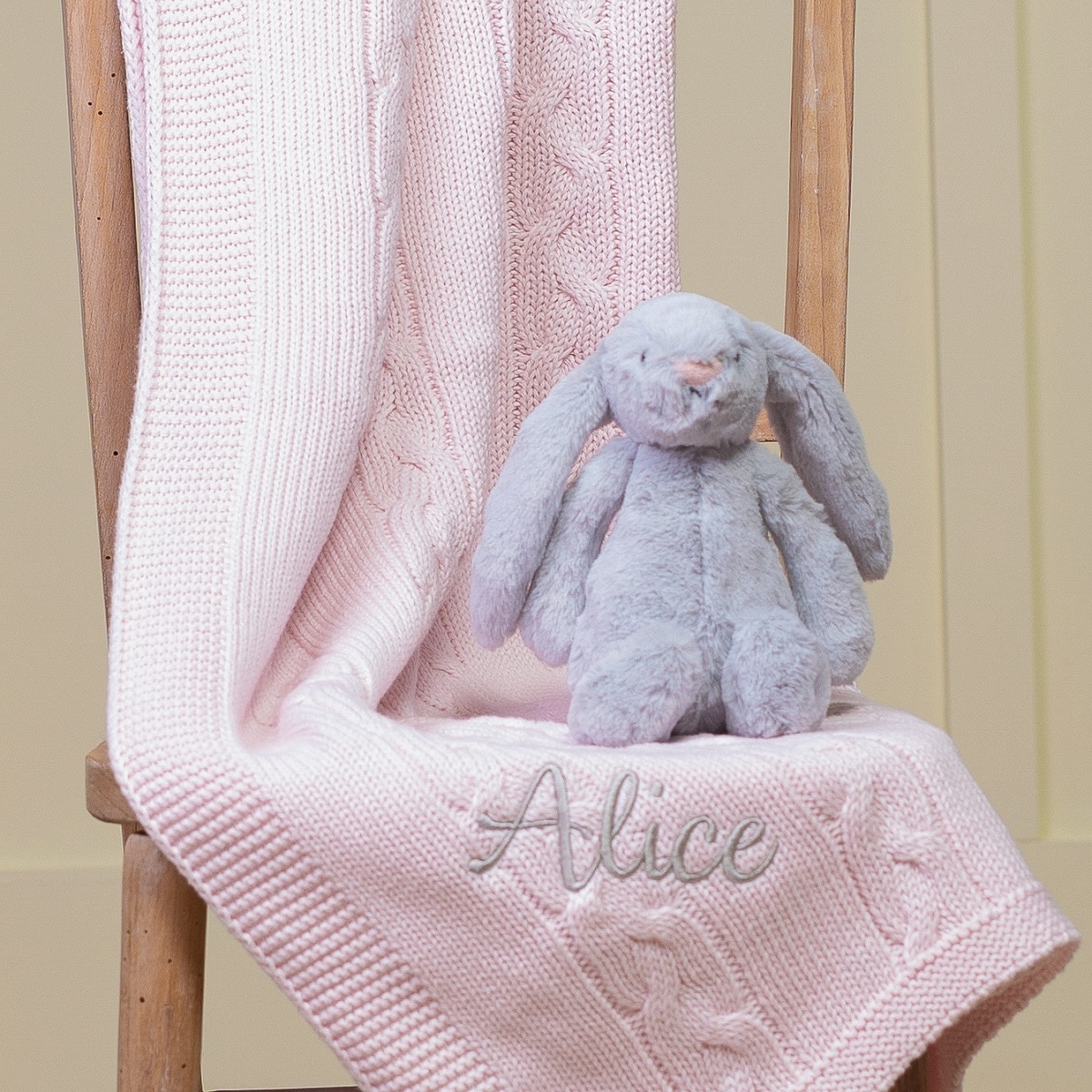 Toffee Moon personalised pink chunky cable baby blanket
