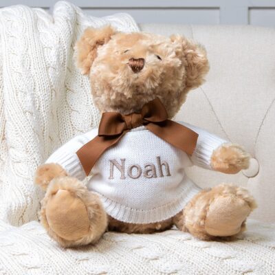Personalised Toffee Moon luxury cable baby blanket and Keel dougie bear gift set 2
