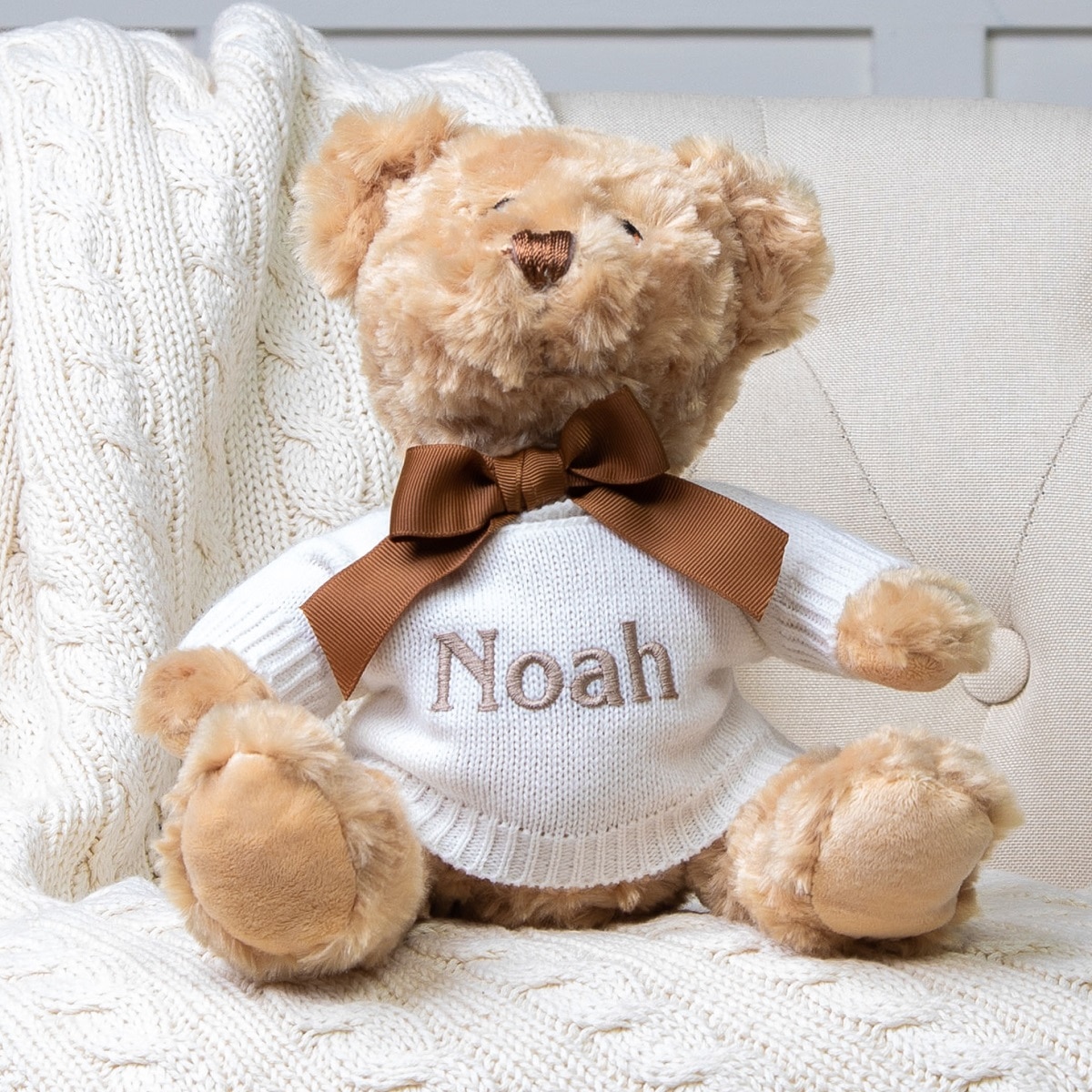 Personalised Toffee Moon luxury cable baby blanket and Keel dougie bear gift set