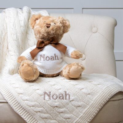 Personalised Toffee Moon luxury cable baby blanket and Keel dougie bear gift set