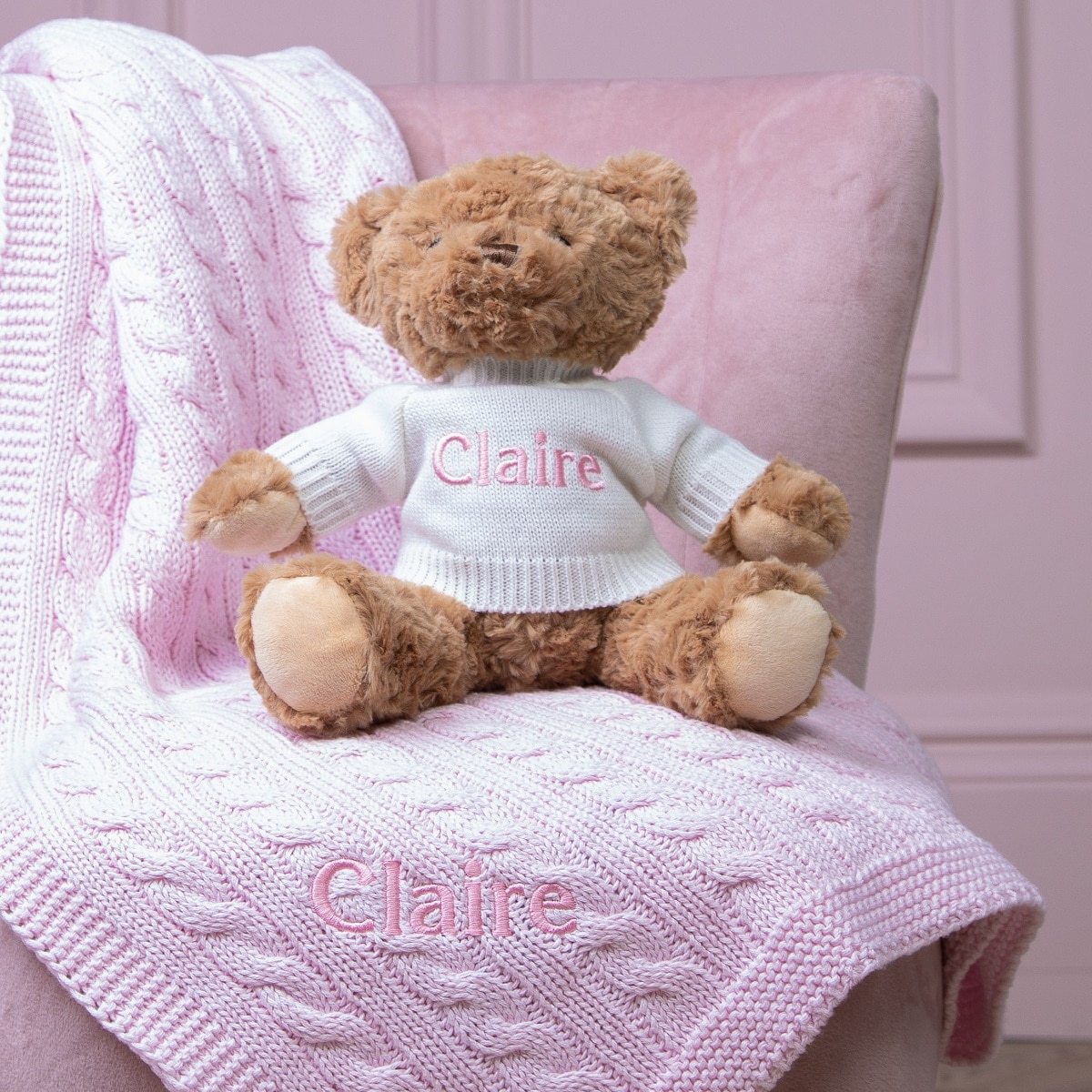 Personalised Toffee Moon luxury cable baby blanket and Keel keeleco bear gift set
