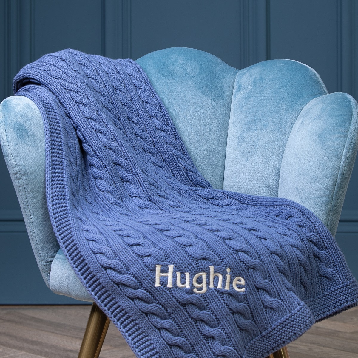 Toffee Moon personalised storm blue luxury cable baby blanket