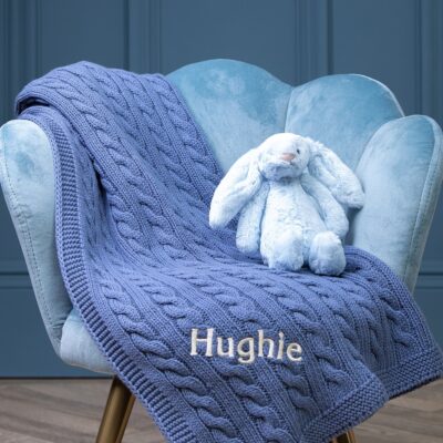 Toffee Moon personalised storm blue luxury cable baby blanket 2
