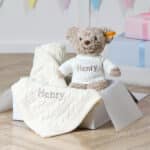 Personalised Toffee Moon luxury cable baby blanket and Steiff honey bear gift set Baby Shower Gifts 3