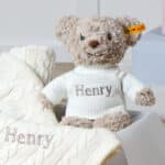 Personalised Toffee Moon luxury cable baby blanket and Steiff honey bear gift set Baby Shower Gifts 4
