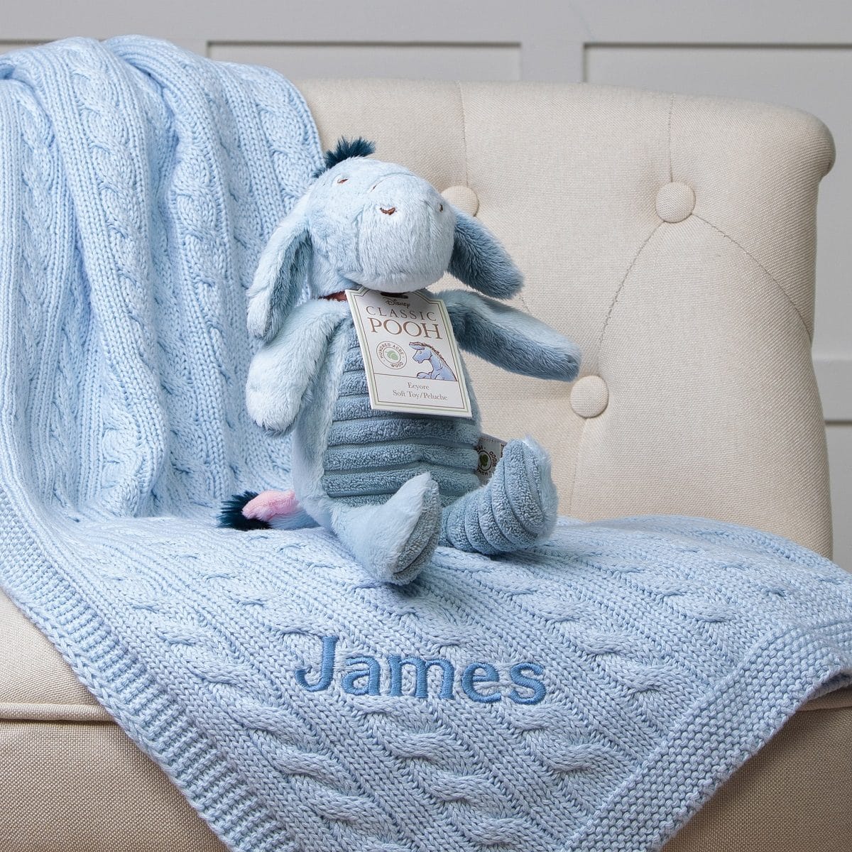 Toffee Moon personalised luxury cable baby blanket and Eeyore soft toy Baby Gift Sets 2