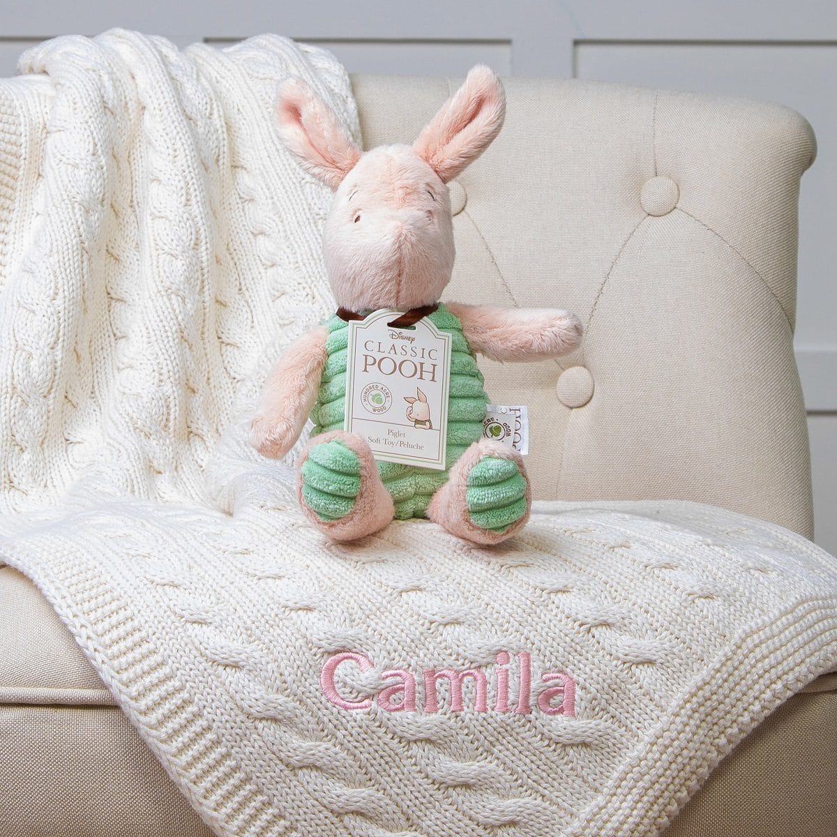 Toffee Moon personalised luxury cable baby blanket and Piglet soft toy