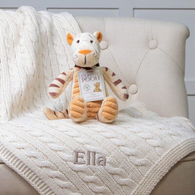 Toffee Moon personalised luxury cable baby blanket and Tigger soft toy 2