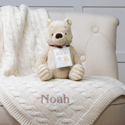 Toffee Moon personalised luxury cable baby blanket and Winnie the Pooh soft toy