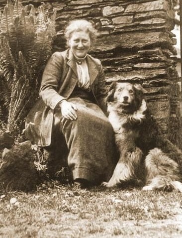 vintage image of woman and dog peter rabbit