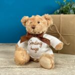 Keeleco recycled small Dougie caring bear soft toy with ‘Sending Hugs’ jumper Anniversary Gifts 4