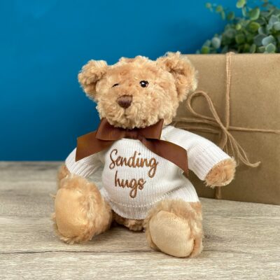 Keeleco recycled small Dougie caring bear soft toy with ‘Sending Hugs’ jumper For Babies 2