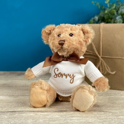 Keeleco recycled small Dougie caring bear soft toy with ‘Sorry’ jumper For Her 2