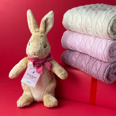 Toffee Moon personalised luxury cable baby blanket and Signature Collection large Flopsy Bunny soft toy Blankets 2