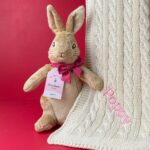Toffee Moon personalised luxury cable baby blanket and Signature Collection large Flopsy Bunny soft toy Baby Gift Sets 3
