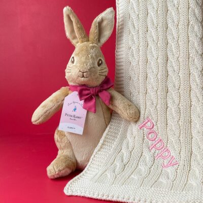 Toffee Moon personalised luxury cable baby blanket and Signature Collection large Flopsy Bunny soft toy Birthday Gifts