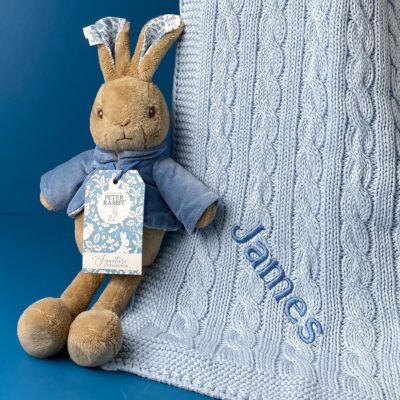 Toffee Moon personalised luxury cable baby blanket and Signature Collection Peter Rabbit soft toy Baby Gift Sets
