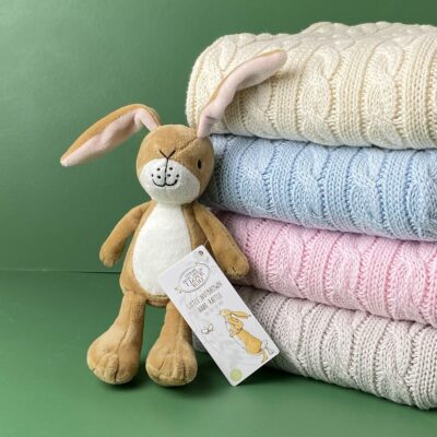 Toffee Moon personalised luxury cable baby blanket and Little Nutbrown Hare rattle Characters 2