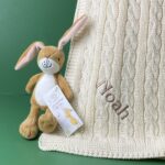 Toffee Moon personalised luxury cable baby blanket and Little Nutbrown Hare rattle Baby Gift Sets 3