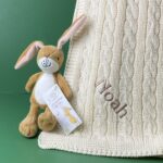 Toffee Moon personalised luxury cable baby blanket and Little Nutbrown Hare rattle Characters 3