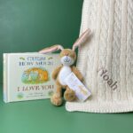 Toffee Moon personalised luxury cable baby blanket and Little Nutbrown Hare rattle Baby Gift Sets 5
