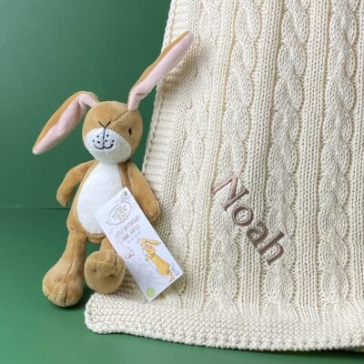 Toffee Moon personalised luxury cable baby blanket and Little Nutbrown Hare rattle Baby Gift Sets