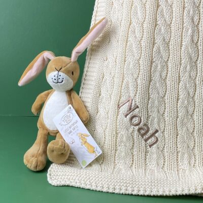 Toffee Moon personalised luxury cable baby blanket and Little Nutbrown Hare rattle Characters