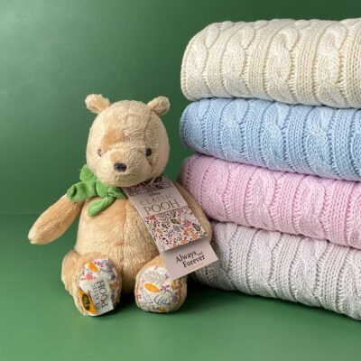 Toffee Moon personalised luxury cable baby blanket and Disney Classic Pooh Always and Forever soft toy Baby Gift Sets 2