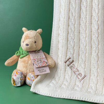 Toffee Moon personalised luxury cable baby blanket and Disney Classic Pooh Always and Forever soft toy Baby Gift Sets