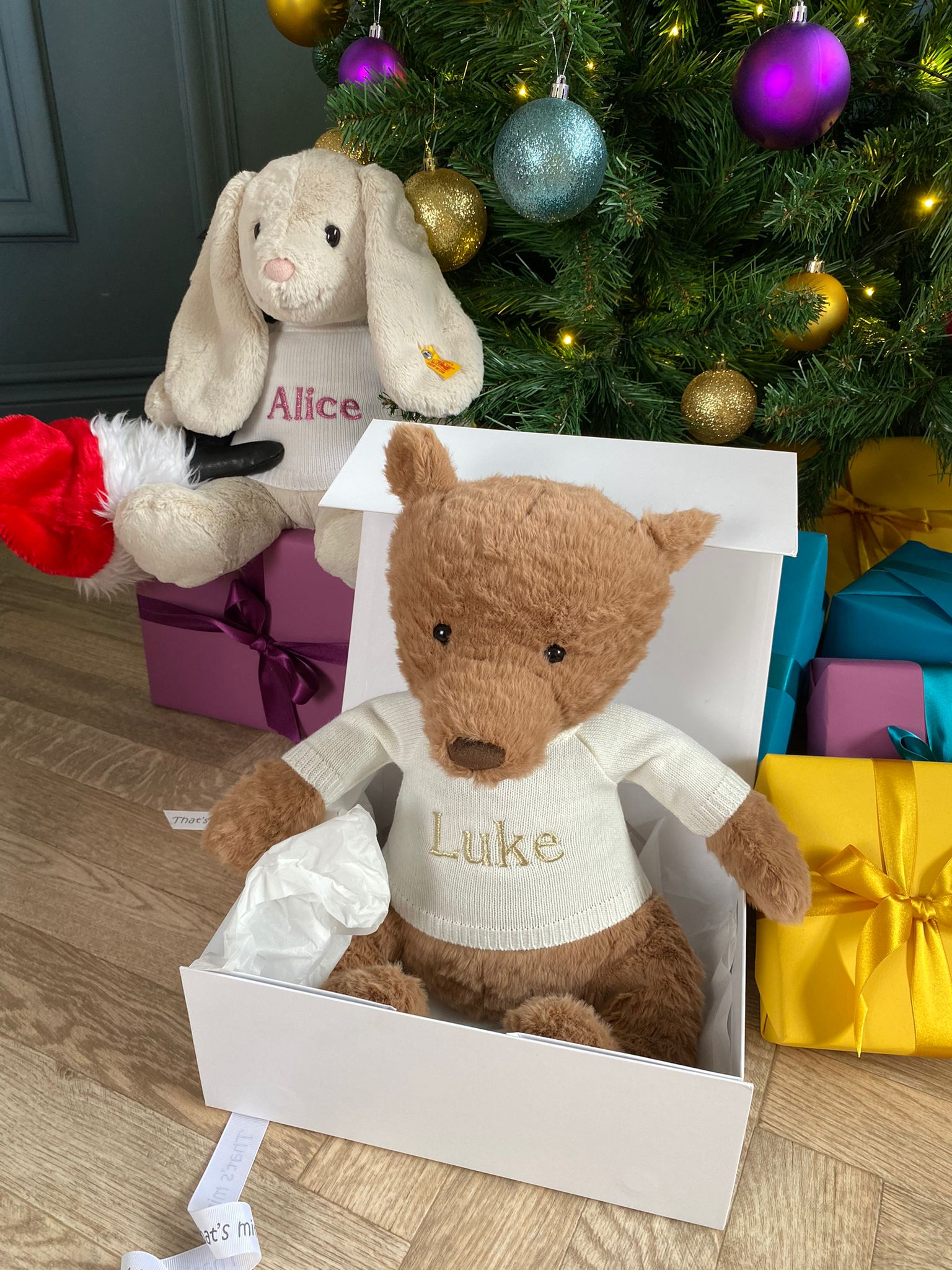 alice and luke personalised sweater teddy bear and bunny teddy