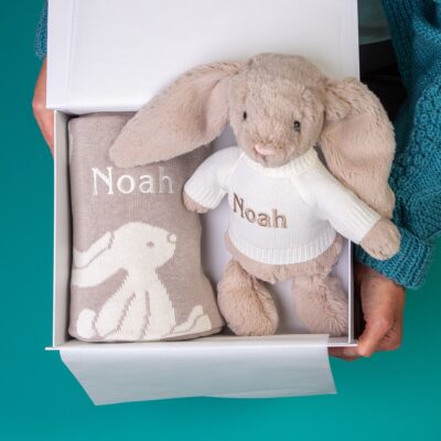 Personalised Jellycat beige bashful bunny and baby blanket gift set Baby Shower Gifts