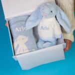 Personalised Jellycat blue bashful bunny and baby blanket gift set Baby Gift Sets 3