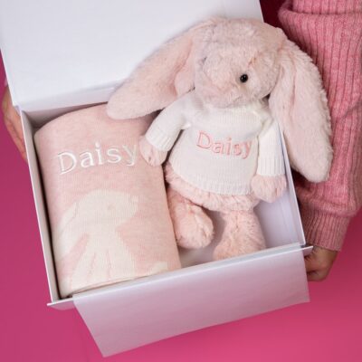 Personalised Jellycat pink bashful bunny and baby blanket gift set Birthday Gifts 2