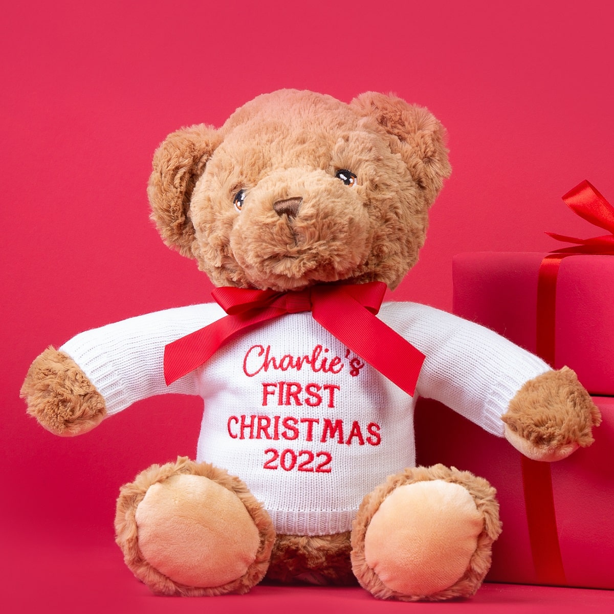 charlies first christmas 2022 personalised teddy bear with red bow