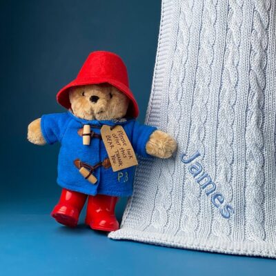 Toffee Moon personalised luxury cable baby blanket and Paddington Bear toy Characters