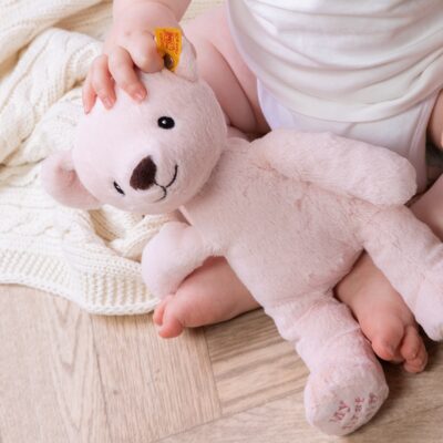 My First Steiff Teddy Bear pink soft toy and Toffee Moon luxury cable blanket gift set Personalised Baby Blankets 2