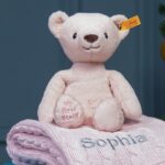 My First Steiff Teddy Bear pink soft toy and Toffee Moon luxury cable blanket gift set Baby Gift Sets 3