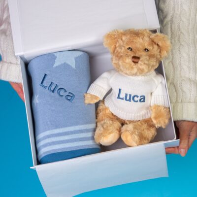 Ziggle personalised blue stars baby blanket and Keel dougie bear gift set Baby Gift Sets
