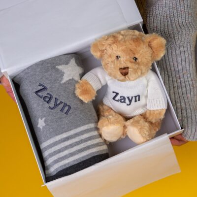 Ziggle personalised grey stars baby blanket and Keel dougie bear gift set Baby Gift Sets