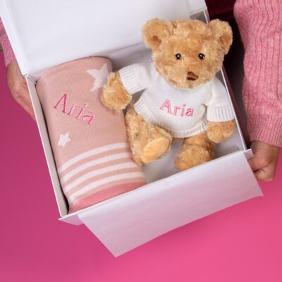 Ziggle personalised pink stars baby blanket and Keel dougie bear gift set Birthday Gifts