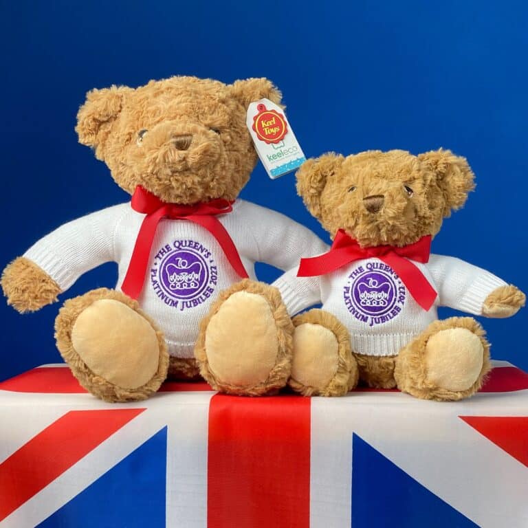 large and small queen jubilee teddy bears with red bow