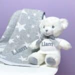 Personalised grey stars cotton baby blanket and Keeleco Baby white teddy bear gift set Baby Shower Gifts 5