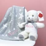 Personalised grey stars cotton baby blanket and Keeleco Baby white teddy bear gift set Baby Shower Gifts 4