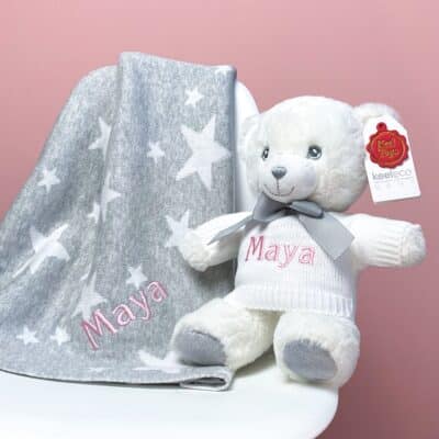 Personalised grey stars cotton baby blanket and Keeleco Baby white teddy bear gift set Baby Shower Gifts 3