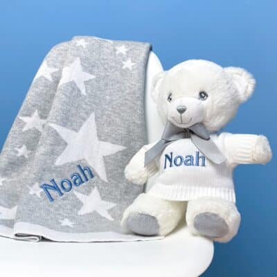 Personalised grey stars cotton baby blanket and Keeleco Baby white teddy bear gift set Personalised Baby Blankets